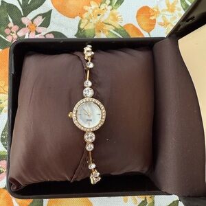 NEW Badgley Mischka Women's Genuine Crystal Accented Gold-Tone Bangle Watch